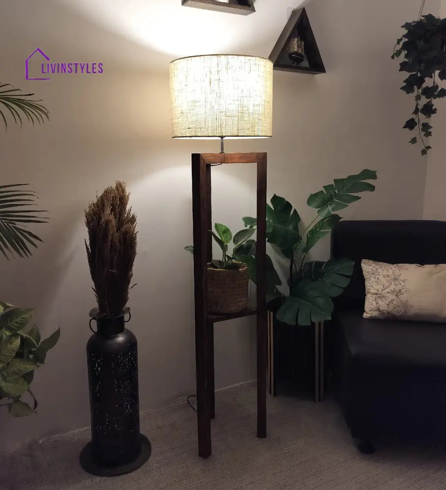 Triad Wooden Floor Lamp With Brown Base And Beige Fabric Lampshade Lamps