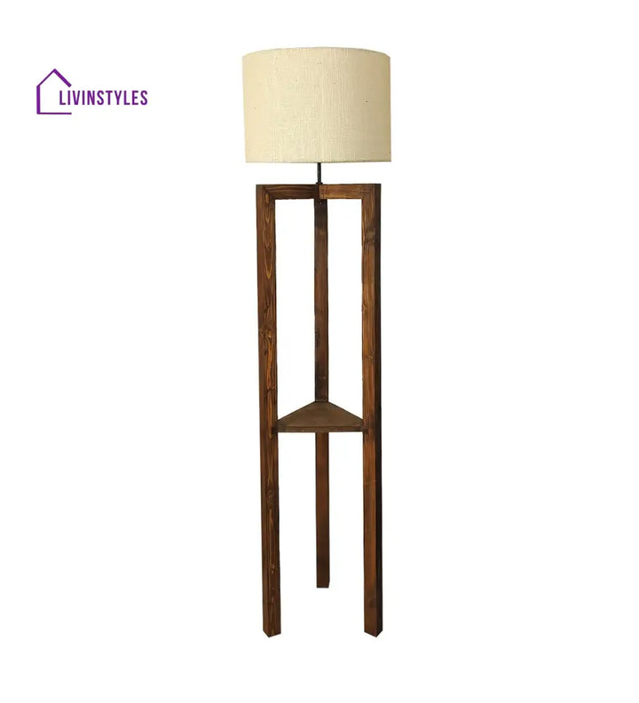 Triad Wooden Floor Lamp With Brown Base And Beige Fabric Lampshade Lamps