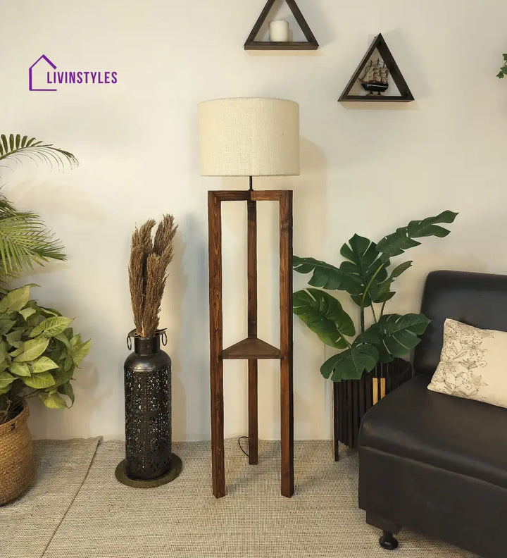 Triad Wooden Floor Lamp With Brown Base And Beige Fabric Lampshade Lamps