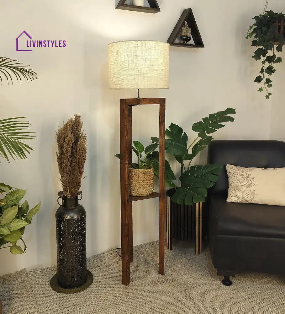 Triad Wooden Floor Lamp With Brown Base And Beige Fabric Lampshade Lamps