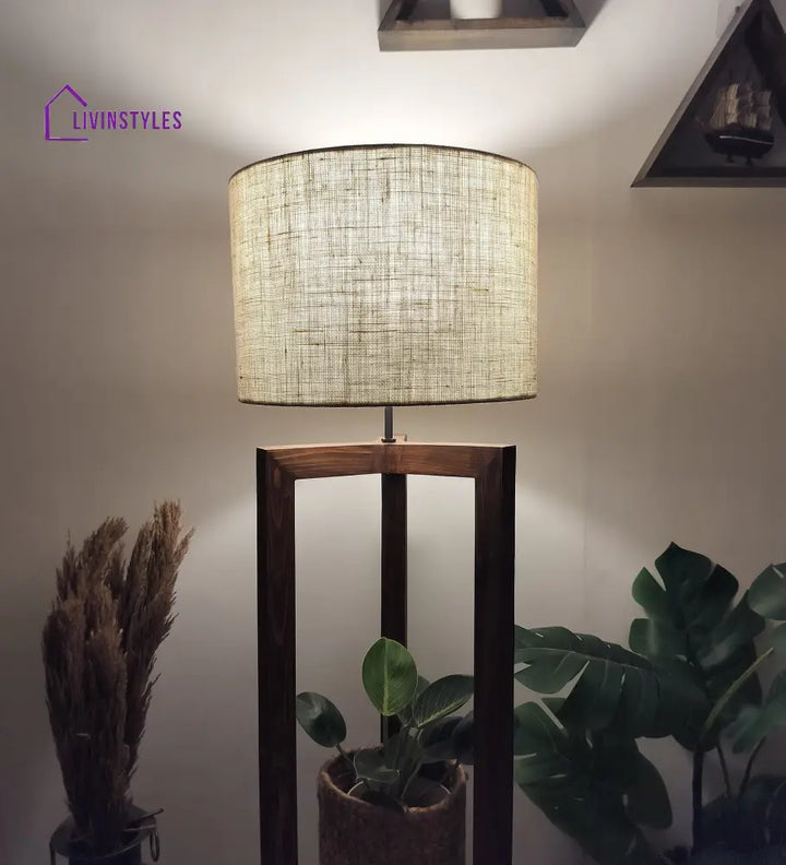 Triad Wooden Floor Lamp With Brown Base And Beige Fabric Lampshade Lamps