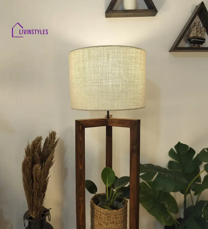 Triad Wooden Floor Lamp With Brown Base And Beige Fabric Lampshade Lamps