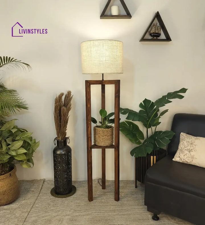 Triad Wooden Floor Lamp With Brown Base And Beige Fabric Lampshade Lamps