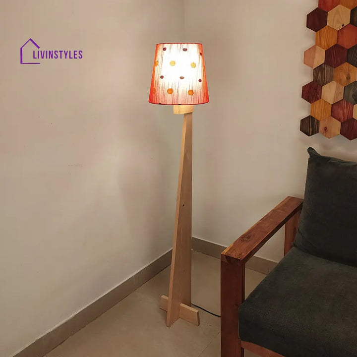 Trigo Wooden Floor Lamp With Beige Base And Red Printed Fabric Lampshade Lamps