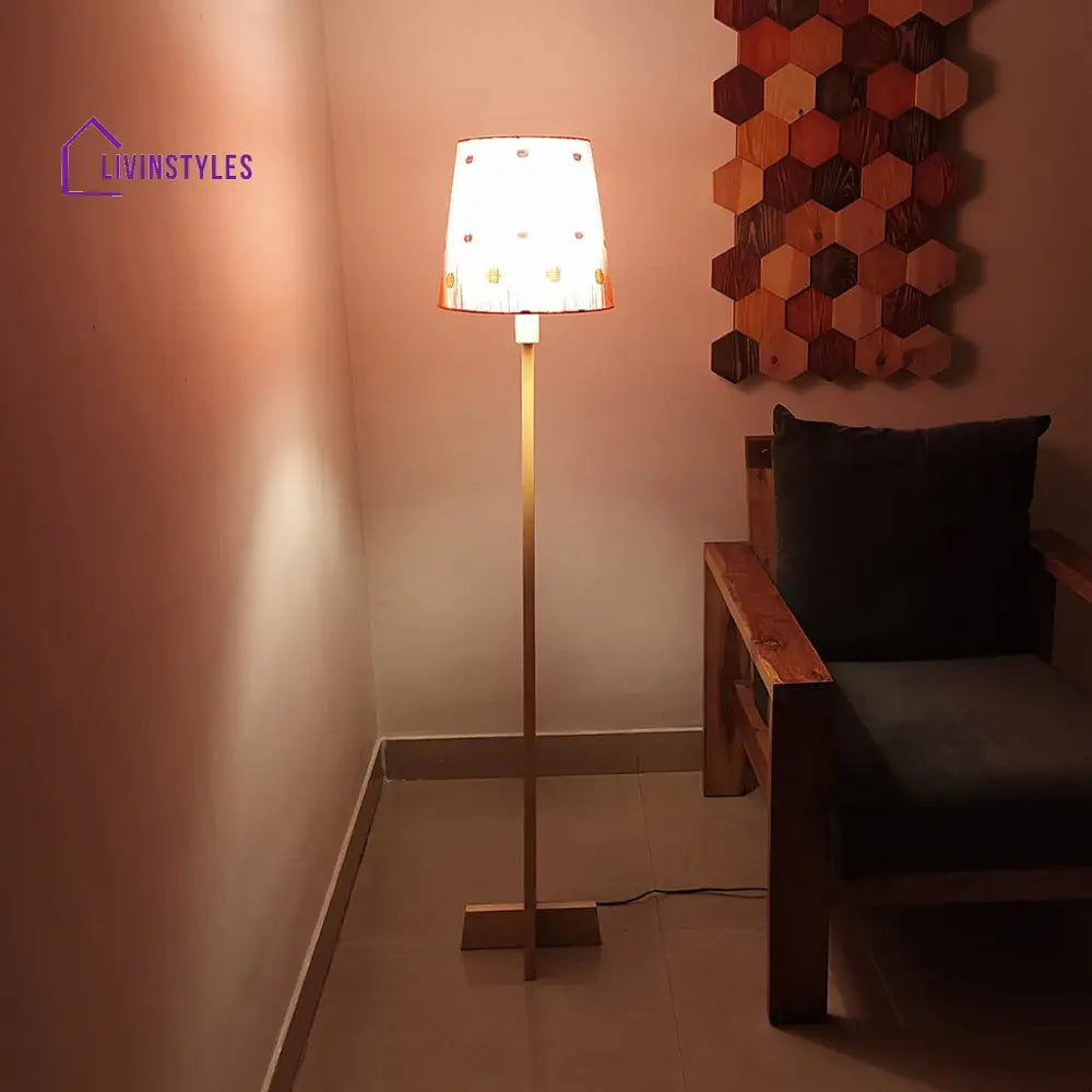 Trigo Wooden Floor Lamp With Beige Base And Red Printed Fabric Lampshade Lamps