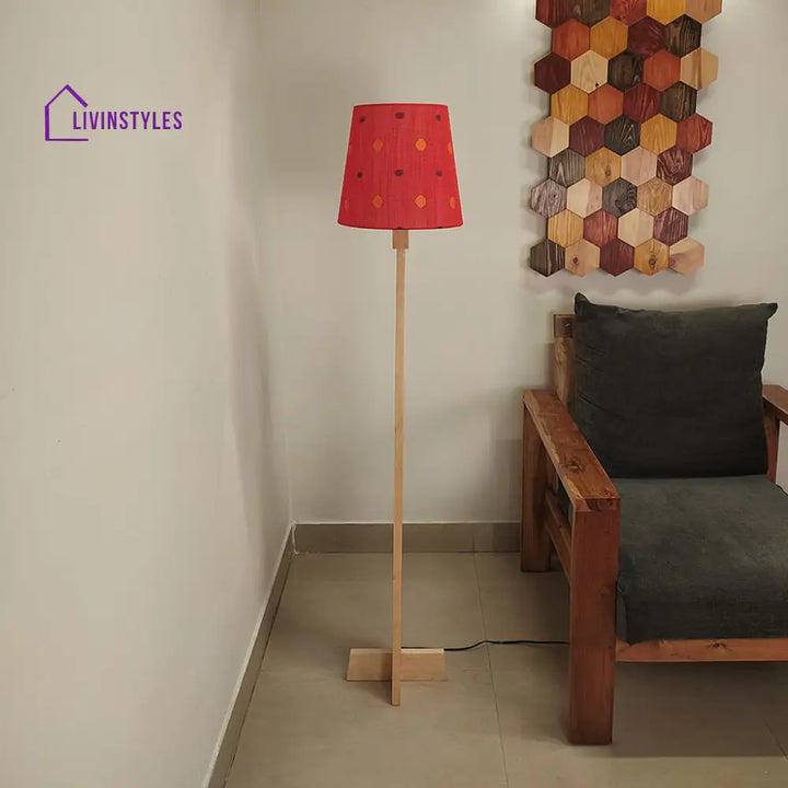 Trigo Wooden Floor Lamp With Beige Base And Red Printed Fabric Lampshade Lamps