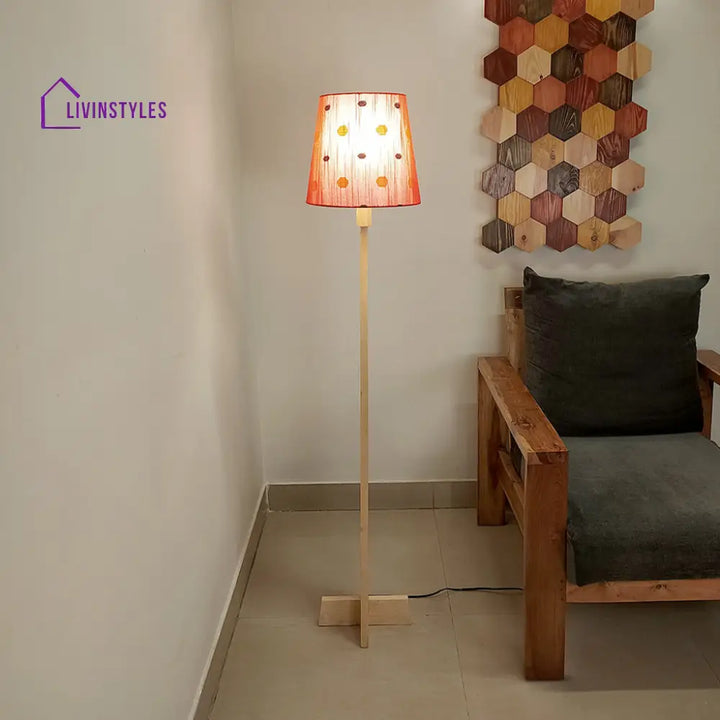 Trigo Wooden Floor Lamp With Beige Base And Red Printed Fabric Lampshade Lamps