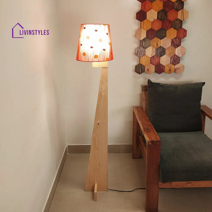 Trigo Wooden Floor Lamp With Beige Base And Red Printed Fabric Lampshade Lamps