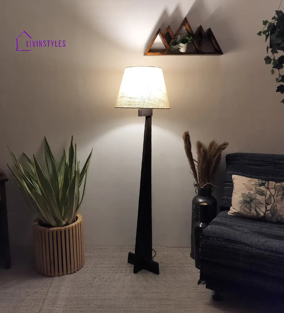 Trigo Wooden Floor Lamp With Brown Base And Beige Fabric Lampshade Lamps