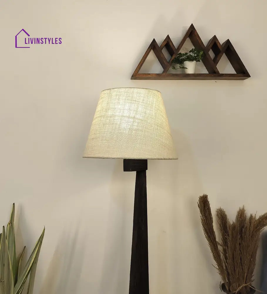 Trigo Wooden Floor Lamp With Brown Base And Beige Fabric Lampshade Lamps