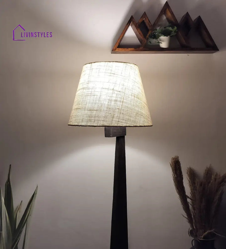 Trigo Wooden Floor Lamp With Brown Base And Beige Fabric Lampshade Lamps