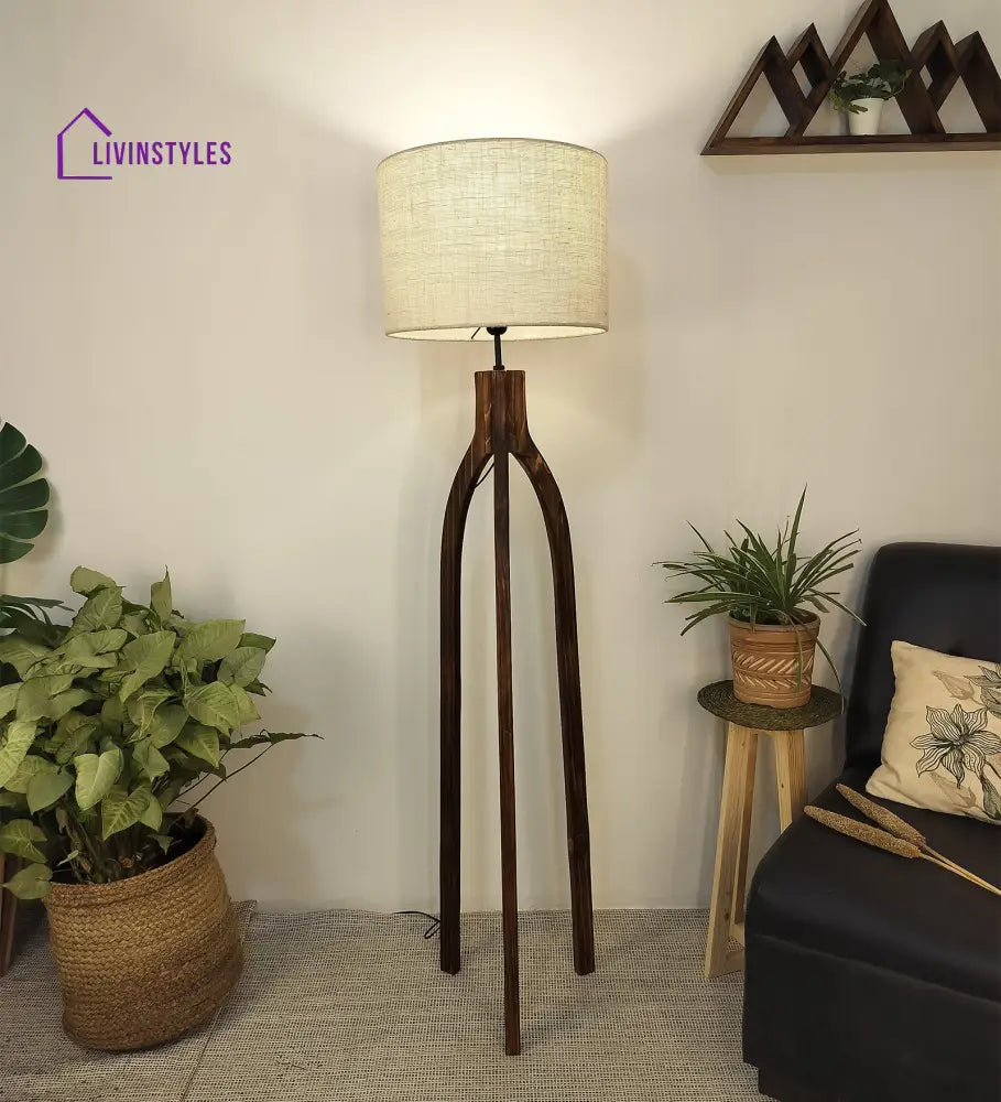 Trilogy Wooden Floor Lamp With Brown Base And Jute Fabric Lampshade Lamps