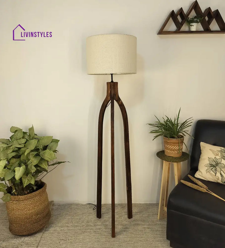 Trilogy Wooden Floor Lamp With Brown Base And Jute Fabric Lampshade Lamps