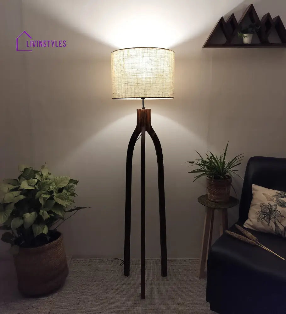 Trilogy Wooden Floor Lamp With Brown Base And Jute Fabric Lampshade Lamps