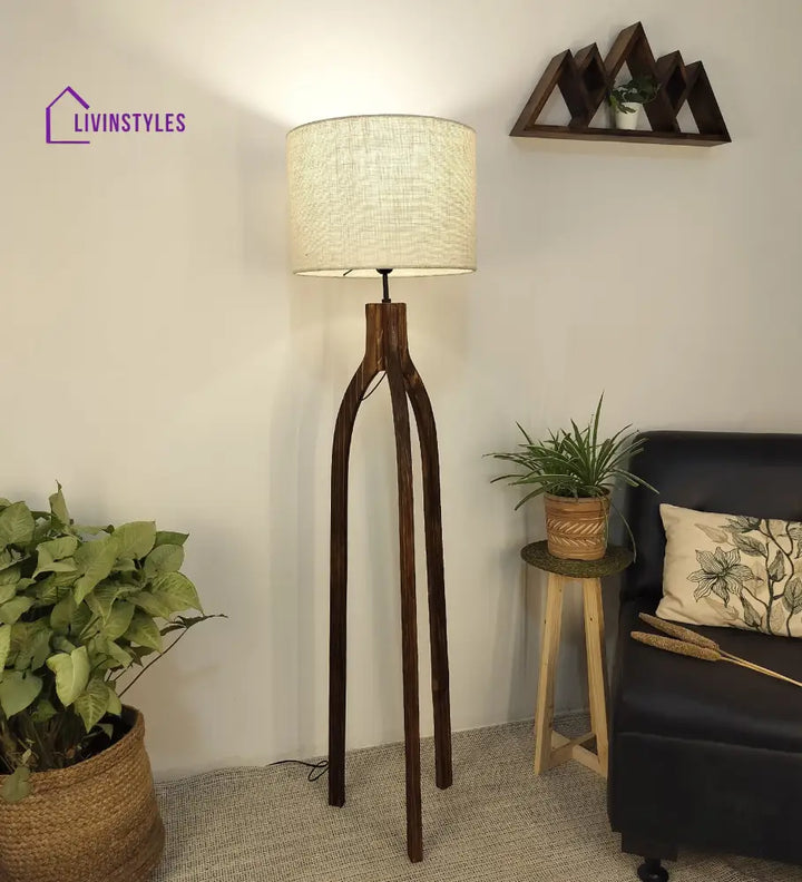 Trilogy Wooden Floor Lamp With Brown Base And Jute Fabric Lampshade Lamps