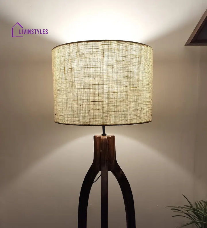 Trilogy Wooden Floor Lamp With Brown Base And Jute Fabric Lampshade Lamps