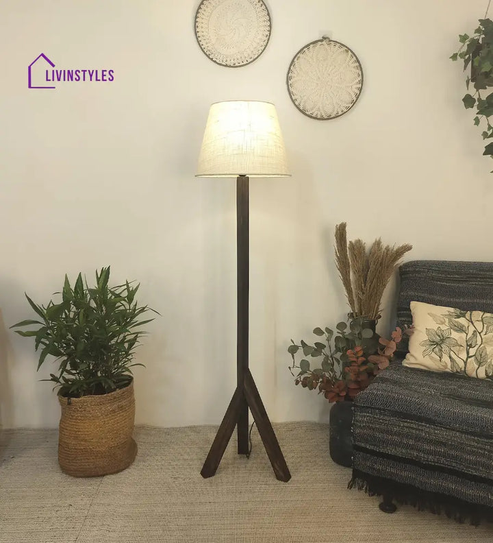 Trinca Wooden Floor Lamp With Brown Base And Jute Fabric Lampshade Lamps