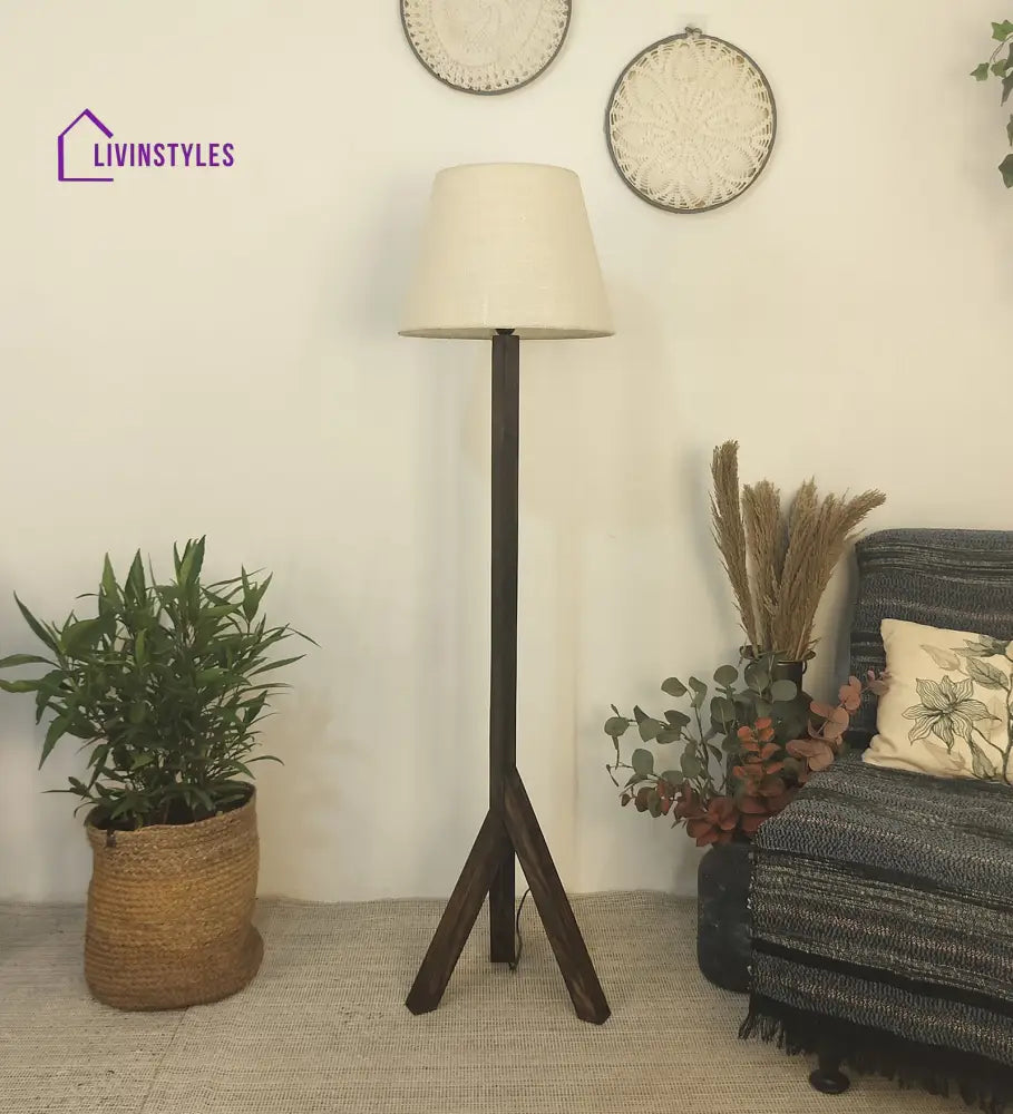 Trinca Wooden Floor Lamp With Brown Base And Jute Fabric Lampshade Lamps