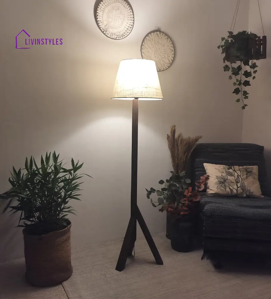 Trinca Wooden Floor Lamp With Brown Base And Jute Fabric Lampshade Lamps