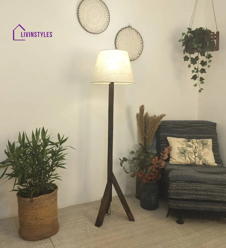 Trinca Wooden Floor Lamp With Brown Base And Jute Fabric Lampshade Lamps