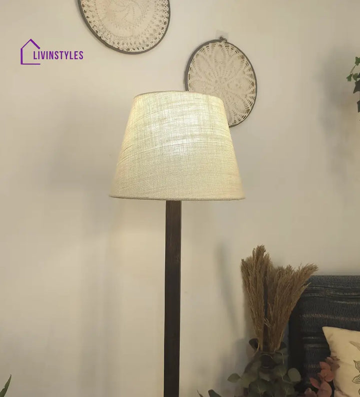 Trinca Wooden Floor Lamp With Brown Base And Jute Fabric Lampshade Lamps