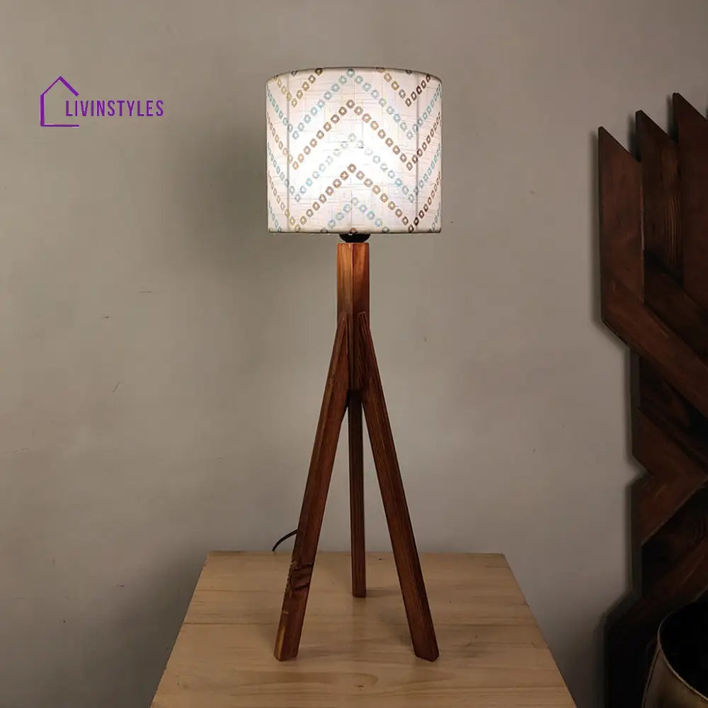 Triune Brown Wooden Table Lamp With White Printed Lampshade Lamps