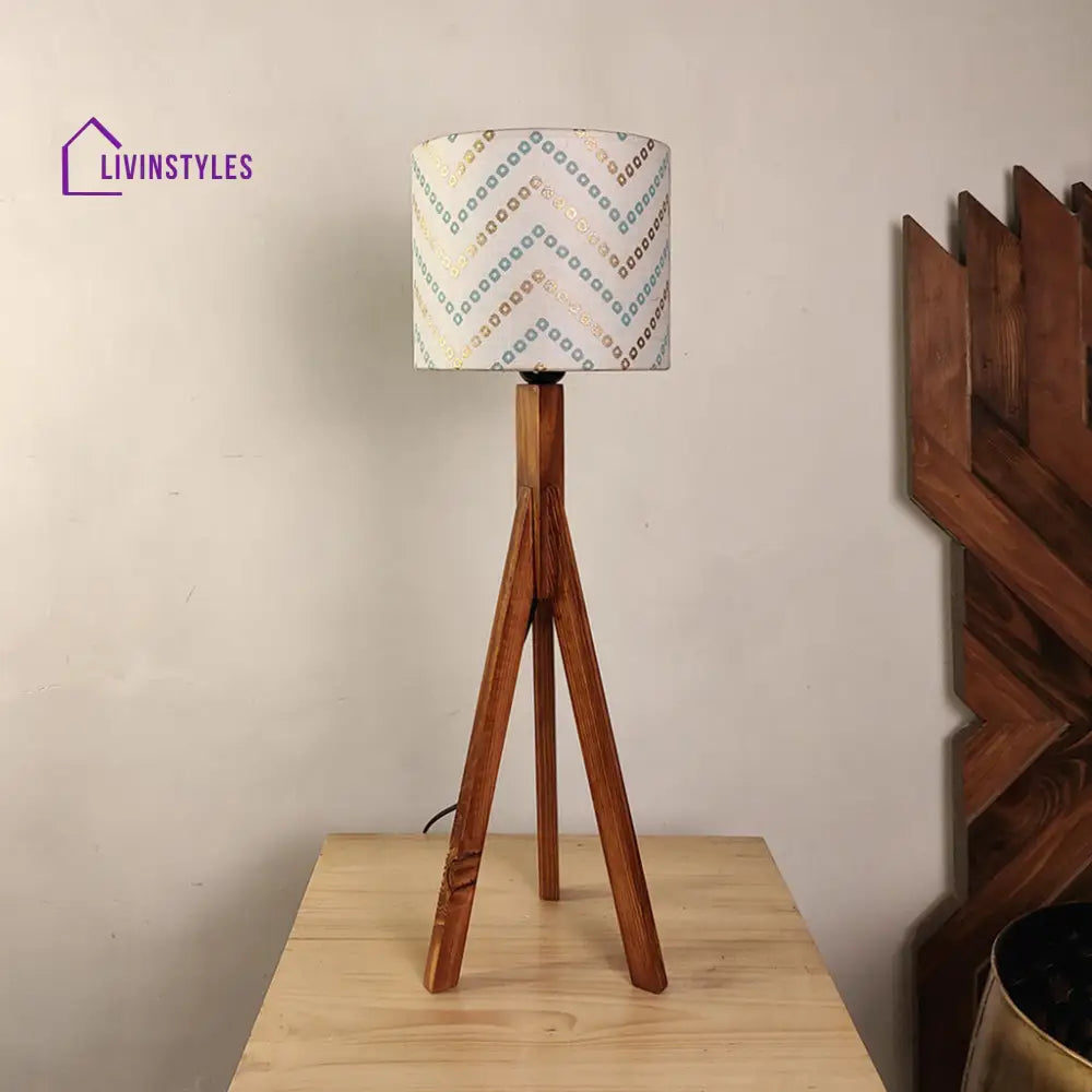 Triune Brown Wooden Table Lamp With White Printed Lampshade Lamps