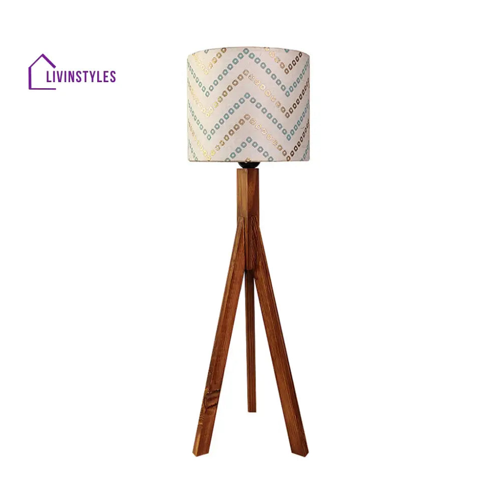 Triune Brown Wooden Table Lamp With White Printed Lampshade Lamps