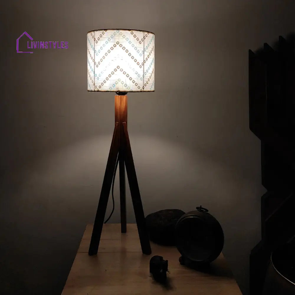 Triune Brown Wooden Table Lamp With White Printed Lampshade Lamps