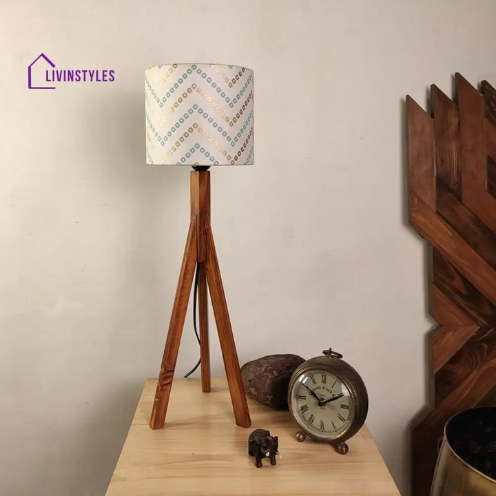 Triune Brown Wooden Table Lamp With White Printed Lampshade Lamps