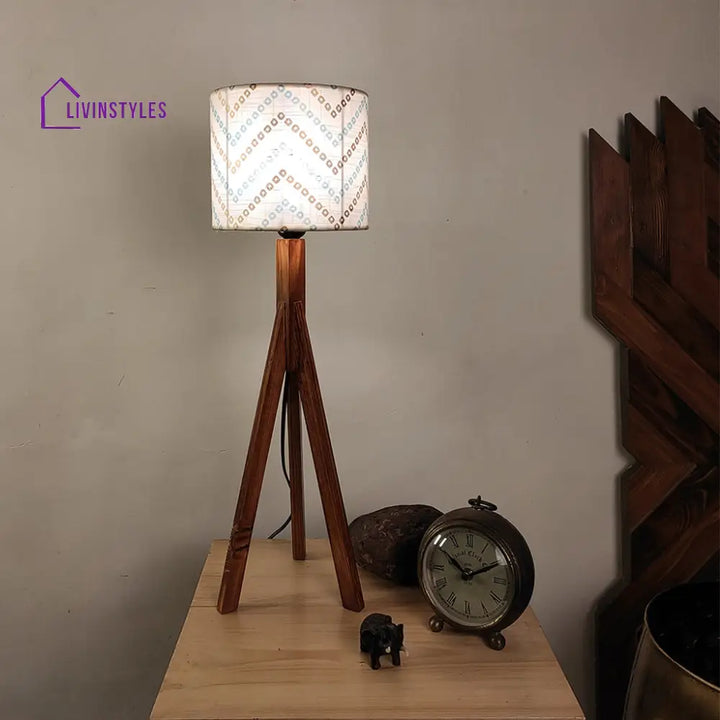 Triune Brown Wooden Table Lamp With White Printed Lampshade Lamps