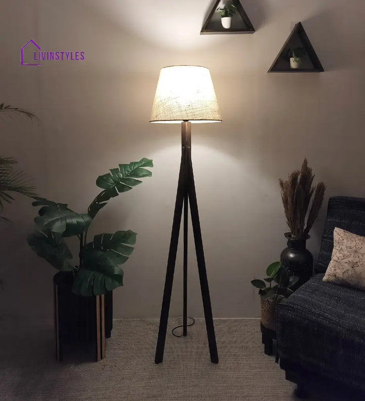 Triune Wooden Floor Lamp With Brown Base And Beige Fabric Lampshade Lamps