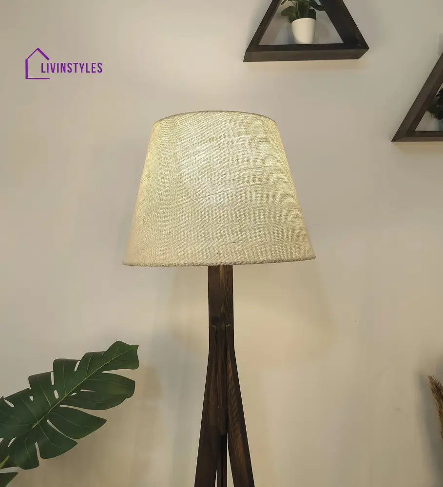 Triune Wooden Floor Lamp With Brown Base And Beige Fabric Lampshade Lamps