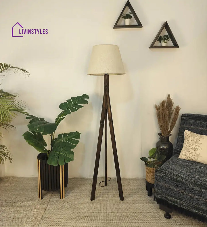 Triune Wooden Floor Lamp With Brown Base And Beige Fabric Lampshade Lamps