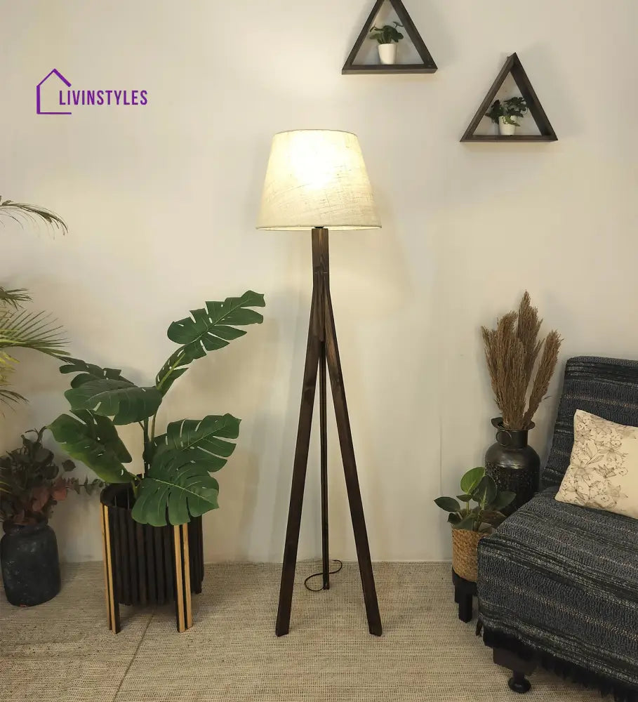 Triune Wooden Floor Lamp With Brown Base And Beige Fabric Lampshade Lamps