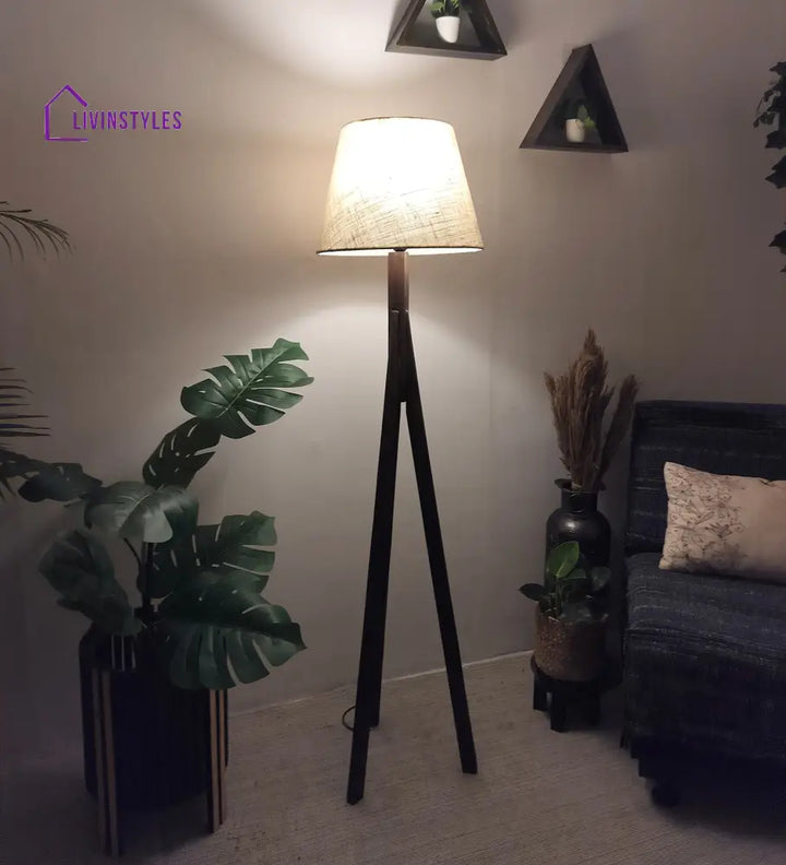 Triune Wooden Floor Lamp With Brown Base And Beige Fabric Lampshade Lamps