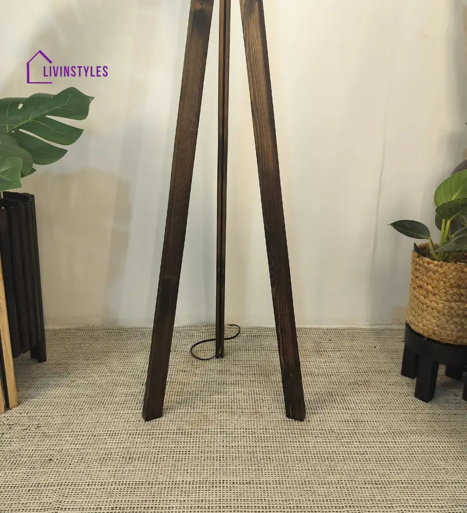 Triune Wooden Floor Lamp With Brown Base And Beige Fabric Lampshade Lamps