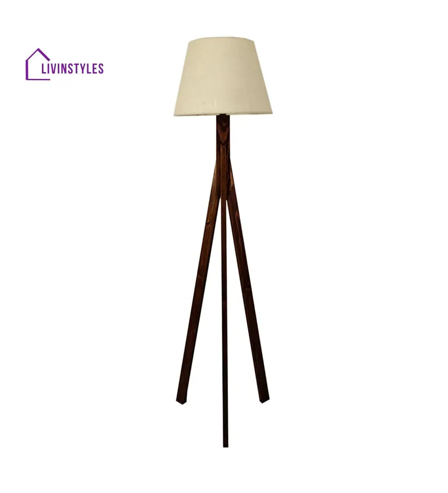 Triune Wooden Floor Lamp With Brown Base And Beige Fabric Lampshade Lamps