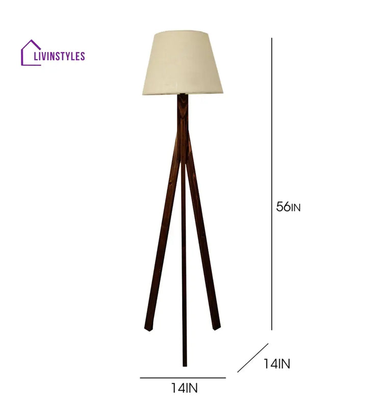 Triune Wooden Floor Lamp With Brown Base And Beige Fabric Lampshade Lamps