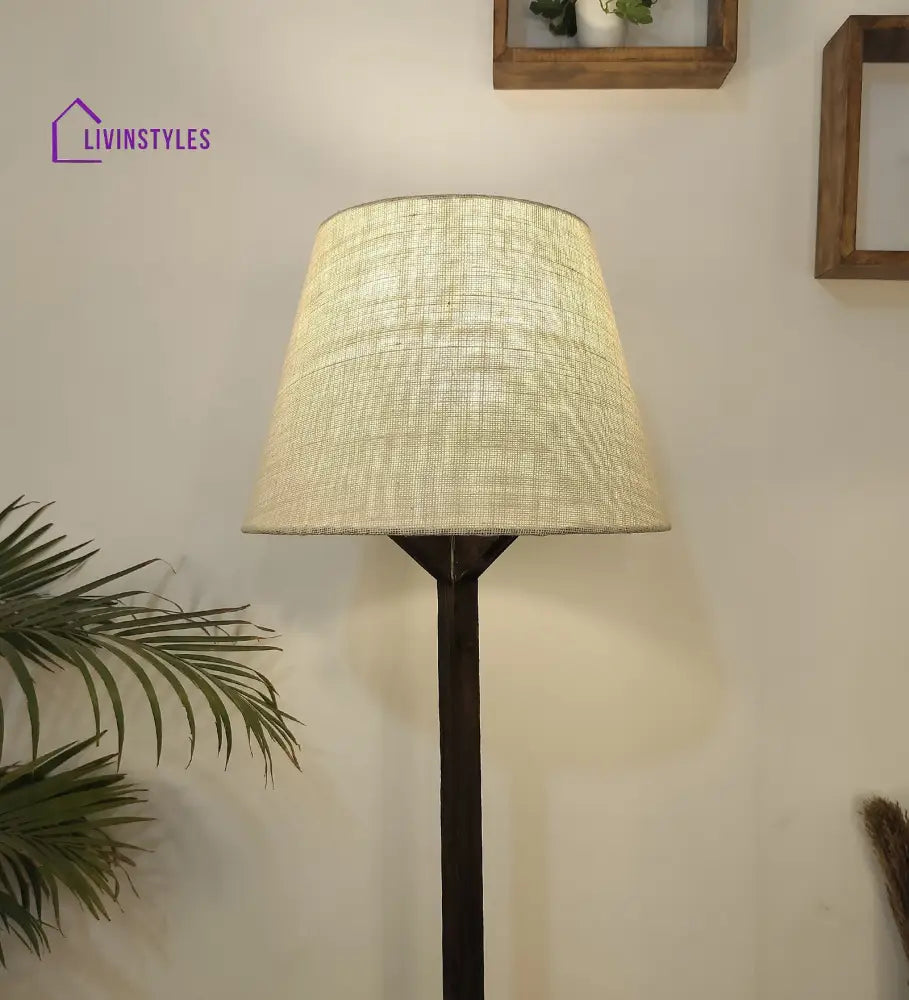 Troika Wooden Floor Lamp With Brown Base And Beige Fabric Lampshade Lamps