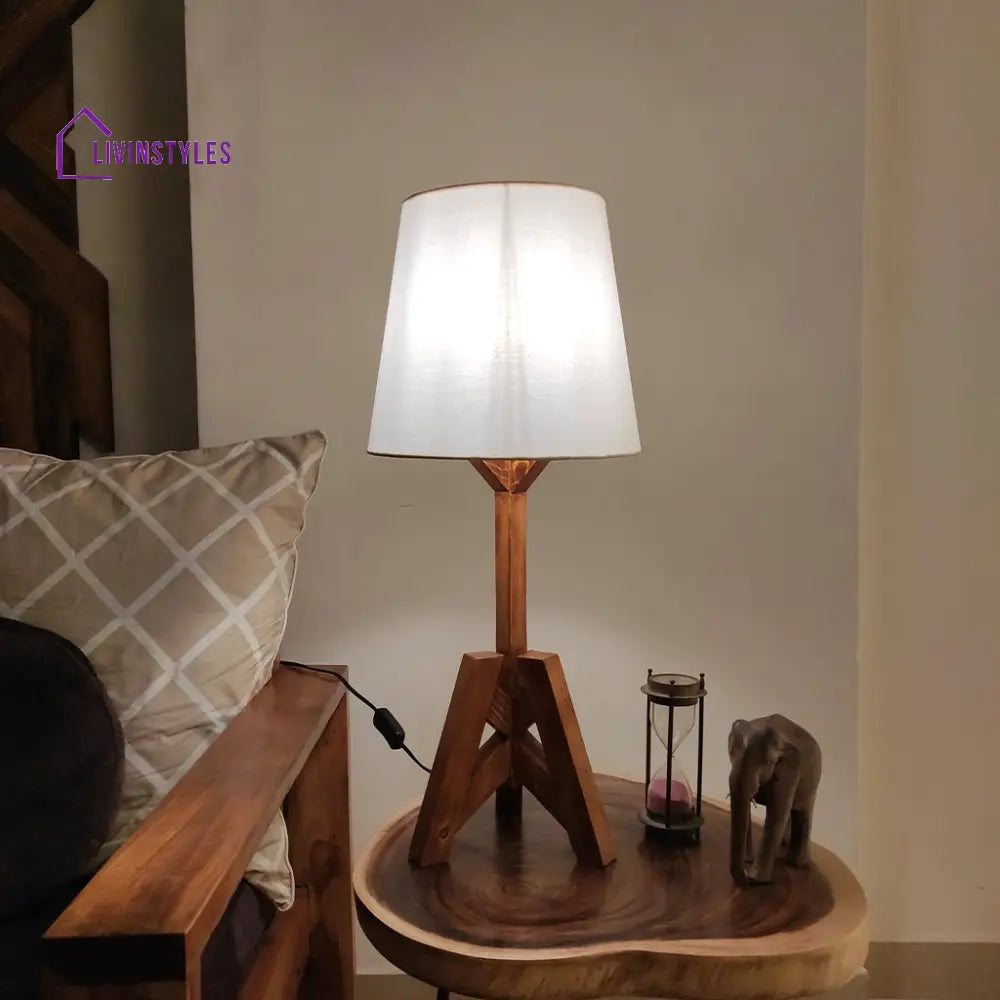 Troika Wooden Table Lamp With Brown Base And White Fabric Lampshade Lamps