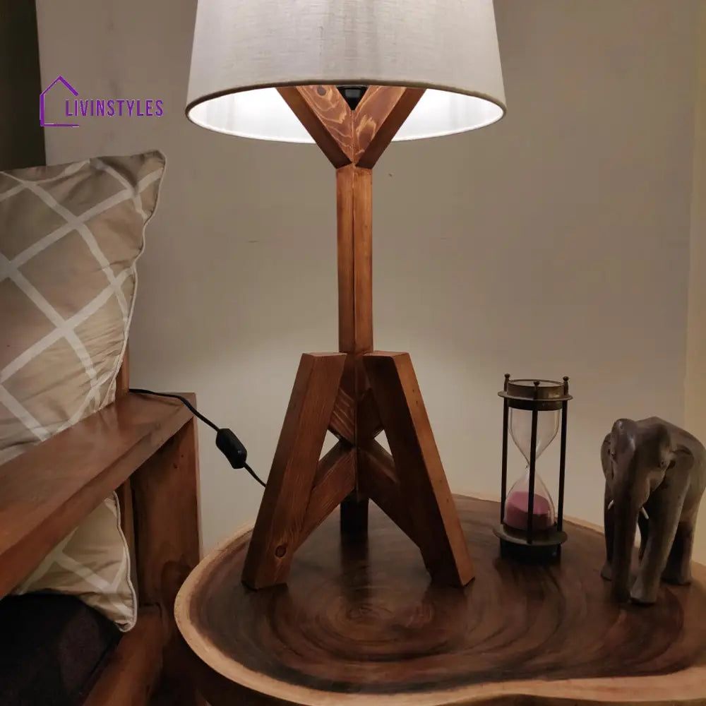 Troika Wooden Table Lamp With Brown Base And White Fabric Lampshade Lamps