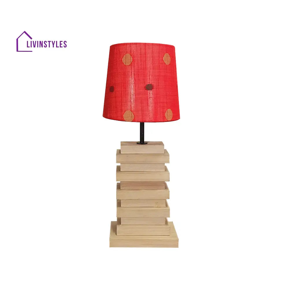 Truffle Beige Wooden Table Lamp With Red Printed Fabric Lampshade Lamps