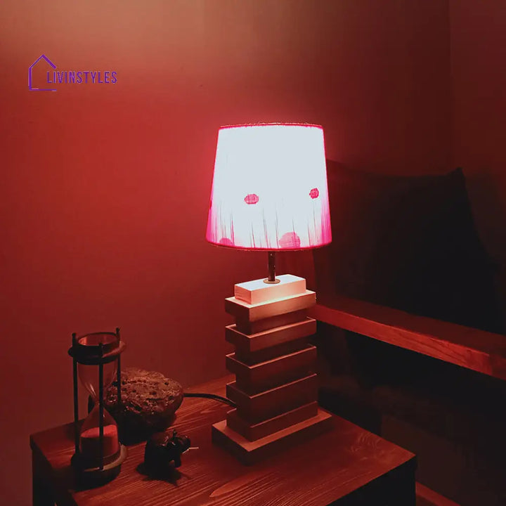 Truffle Beige Wooden Table Lamp With Red Printed Fabric Lampshade Lamps