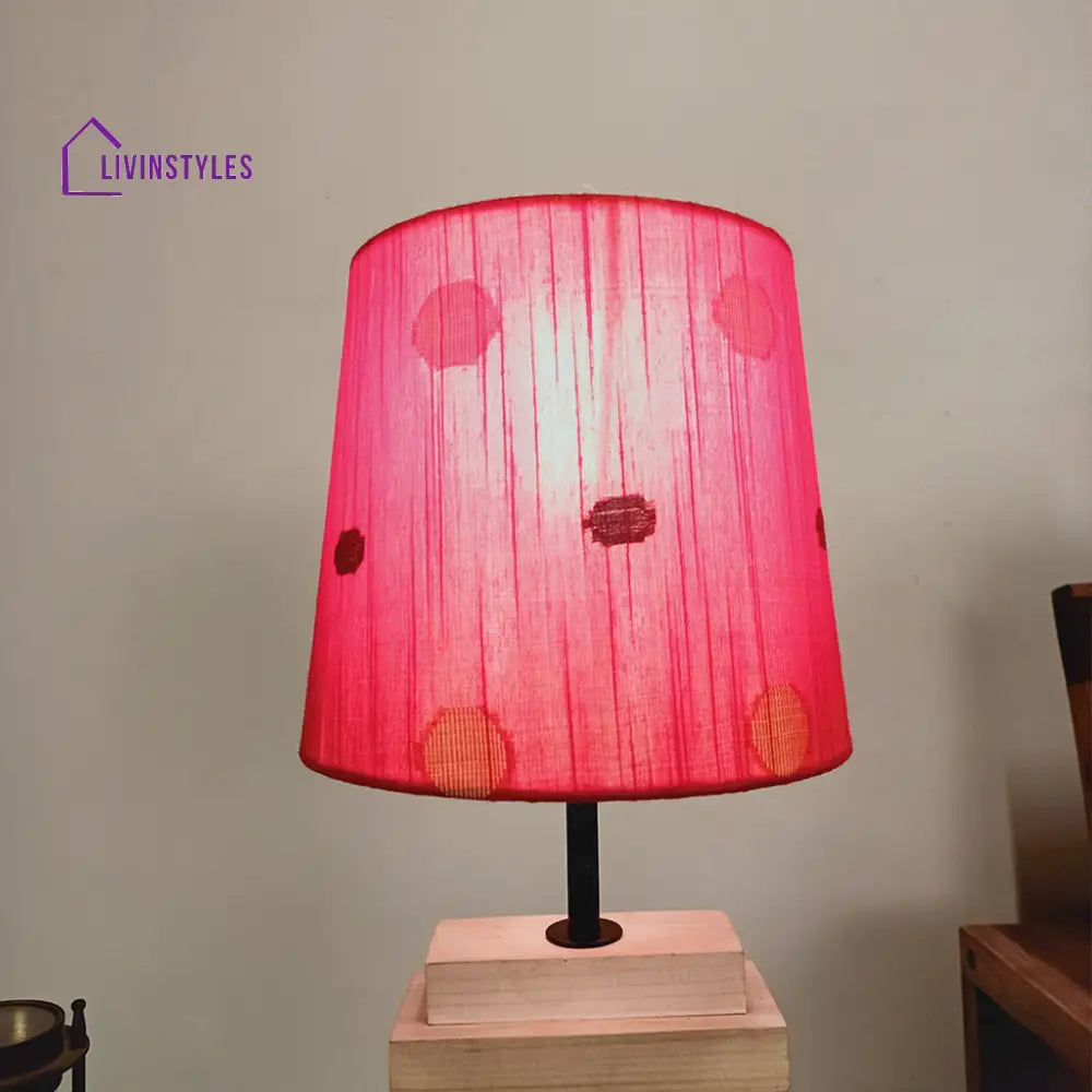 Truffle Beige Wooden Table Lamp With Red Printed Fabric Lampshade Lamps