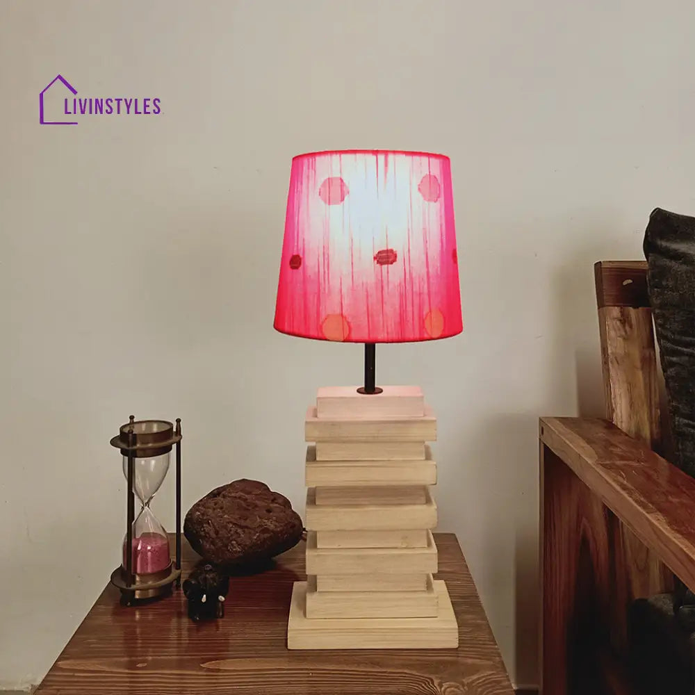 Truffle Beige Wooden Table Lamp With Red Printed Fabric Lampshade Lamps