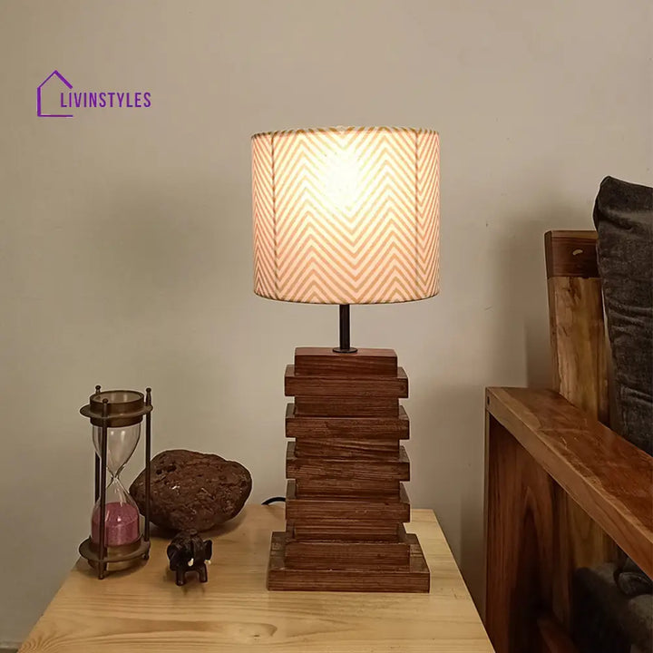 Truffle Brown Wooden Table Lamp With Yellow Printed Fabric Lampshade Lamps