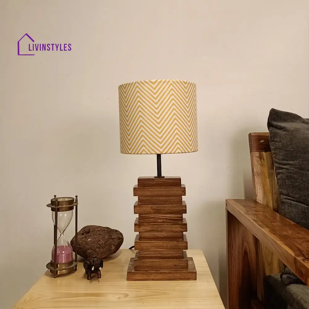 Truffle Brown Wooden Table Lamp With Yellow Printed Fabric Lampshade Lamps