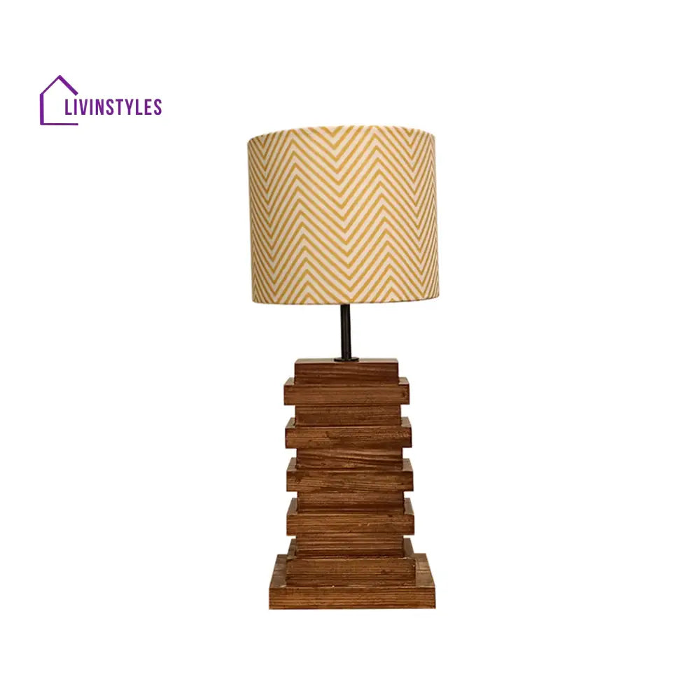 Truffle Brown Wooden Table Lamp With Yellow Printed Fabric Lampshade Lamps