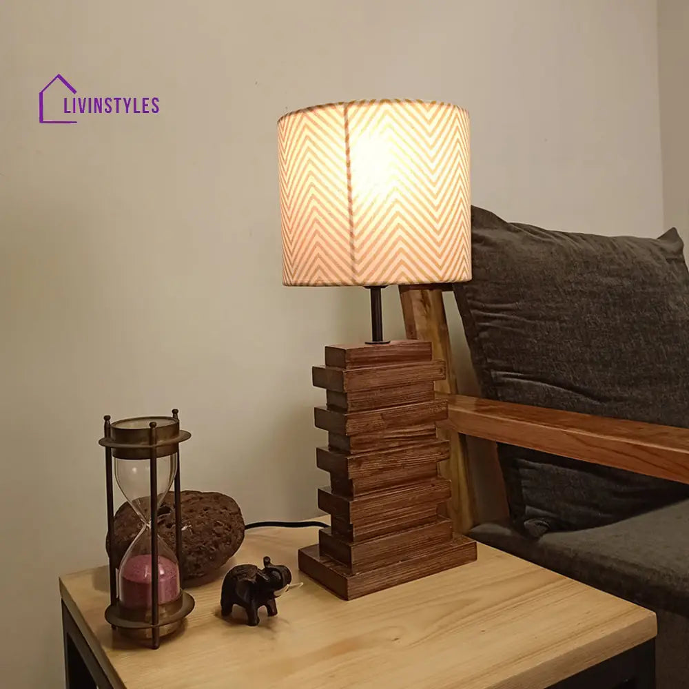 Truffle Brown Wooden Table Lamp With Yellow Printed Fabric Lampshade Lamps